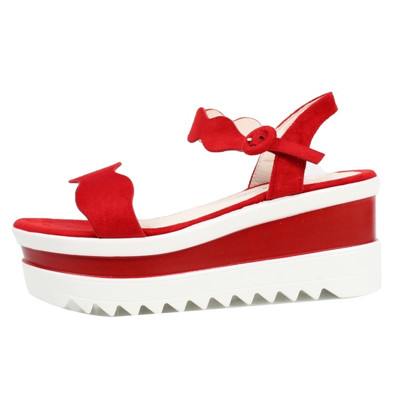 Shoes - Red Curvy Straps Two Tone Platform Wedge Sandal